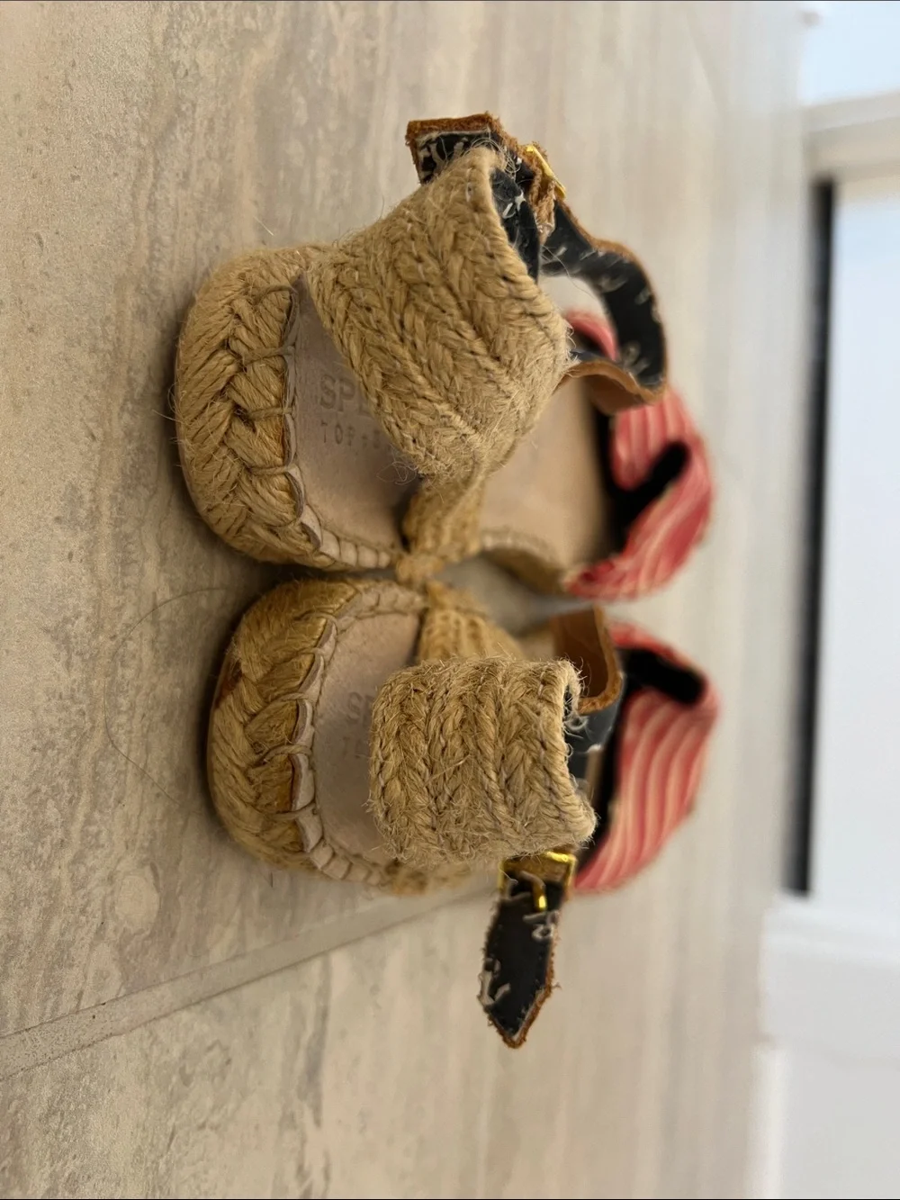 Sperry Red and Cream Striped Espadrille Sandals with Anchor-Print Ankle Strap